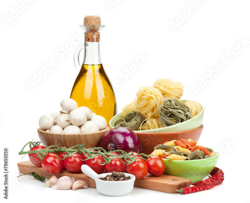 Fototapeta Naklejka Na Ścianę i Meble -  Fresh ingredients for cooking: pasta, tomato, mushroom and spice