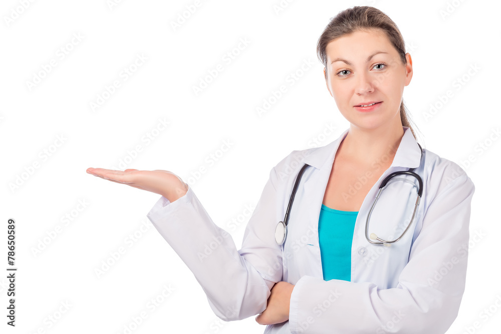 pretty girl in clothes of doctor holding his hand isolated