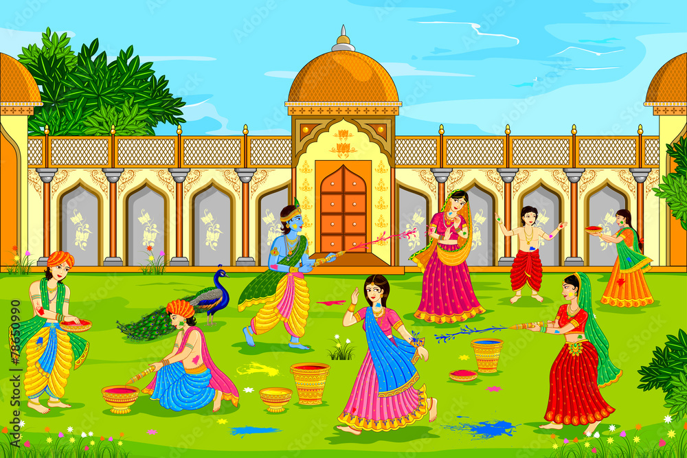 Illustration of radha and lord krishna playing holi. | CanStock
