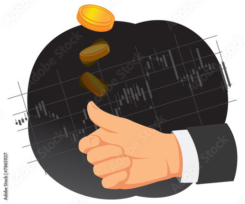 Hand is tossing coin on a chart background. Heads or tails.