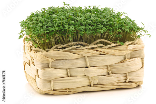 fresh watercress in a woven basket on a white background