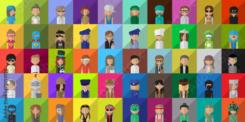 Flat People Icons, Different Occupation: Doctor, Police, Knight, Indian, Athlete, Professor, Astronaut, Waiter, Explorer, Painter Isolated On Mosaic Background - Vector Illustration, Graphic Design