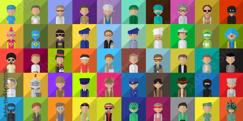 Flat People Icons  Different Occupation  Doctor  Police  Knight  Indian  Athlete  Professor  Astronaut  Waiter  Explorer  Painter On Mosaic Background - Vector Illustration  Graphic Design