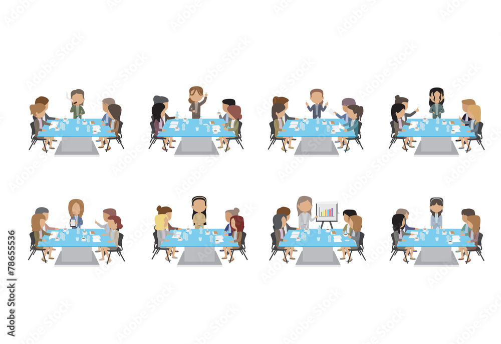 Business People Having Board Meeting Set - Isolated On White Background - Vector Illustration, Graphic Design Editable For Your Design. Team Working In Office