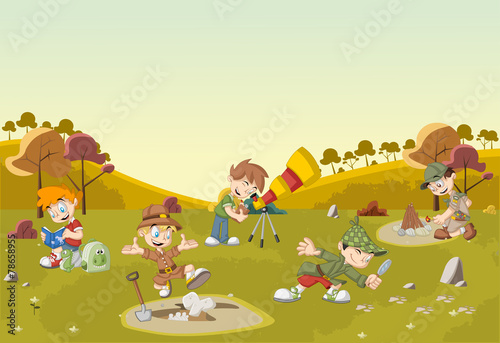 Cartoon explorer boys on green field wearing different costumes