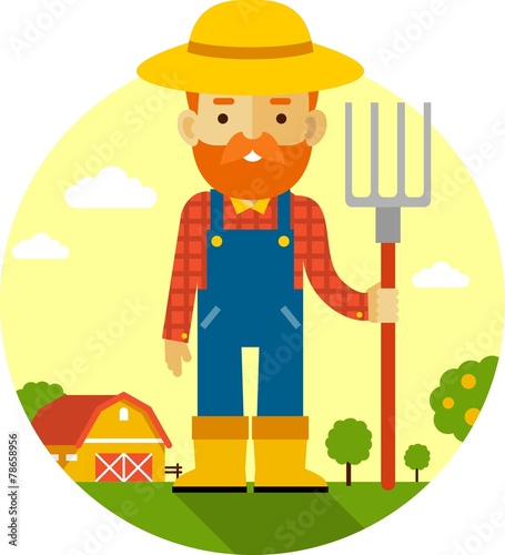 Farmer on farm background in flat style