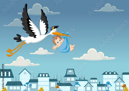 Cartoon stork delivering a newborn baby boy