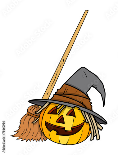 Jack-o'-lantern with Witch Broom - Halloween Vector Illustration