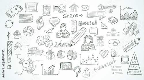 Social Media doodles Sketch set with infographics elements