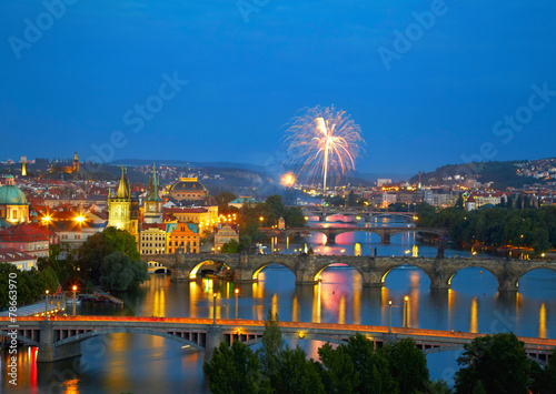 Prague after sunset with fireworks