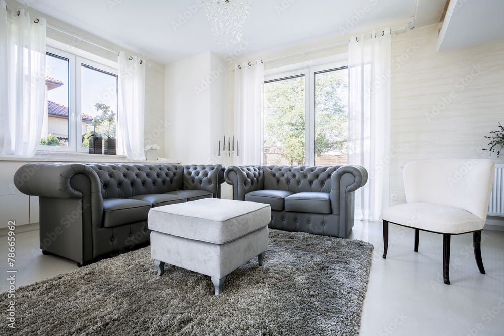 Fototapeta premium Leather sofa in bright living room