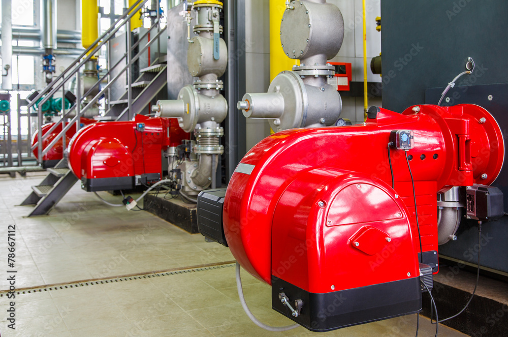 Fototapeta premium gas burner boiler with valves, gate valves and displays