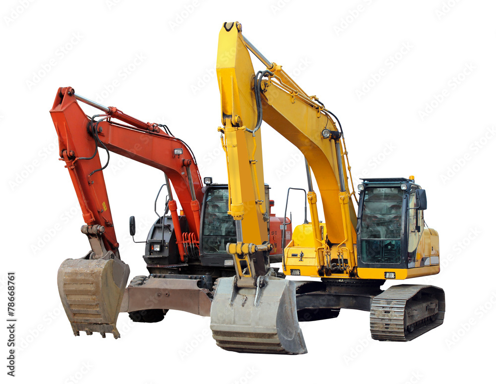 two modern excavators isolated on the white two modern excavators isolated on the white
