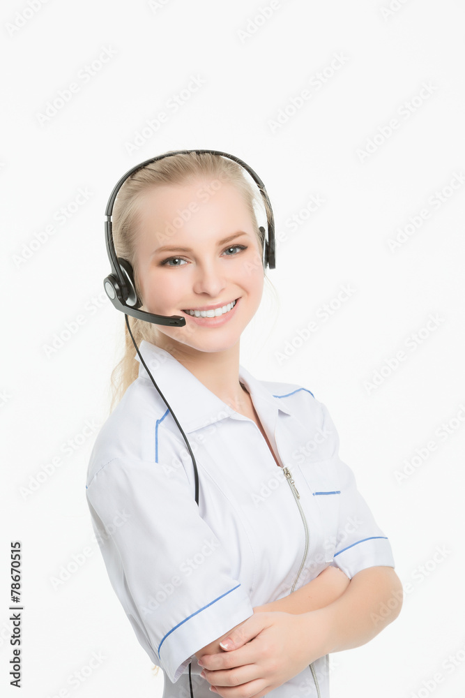 Woman customer service worker, call center smiling operator Woman customer service worker, call center smiling operator