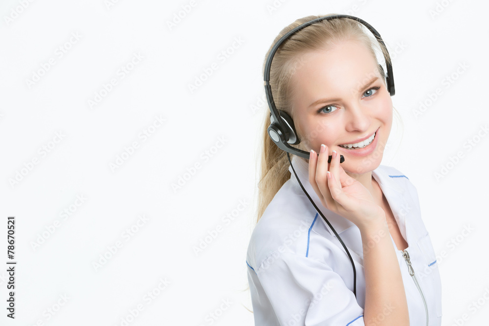 Young happy doctor in headset, at office, call center smiling op Young happy doctor in headset, at office, call center smiling op