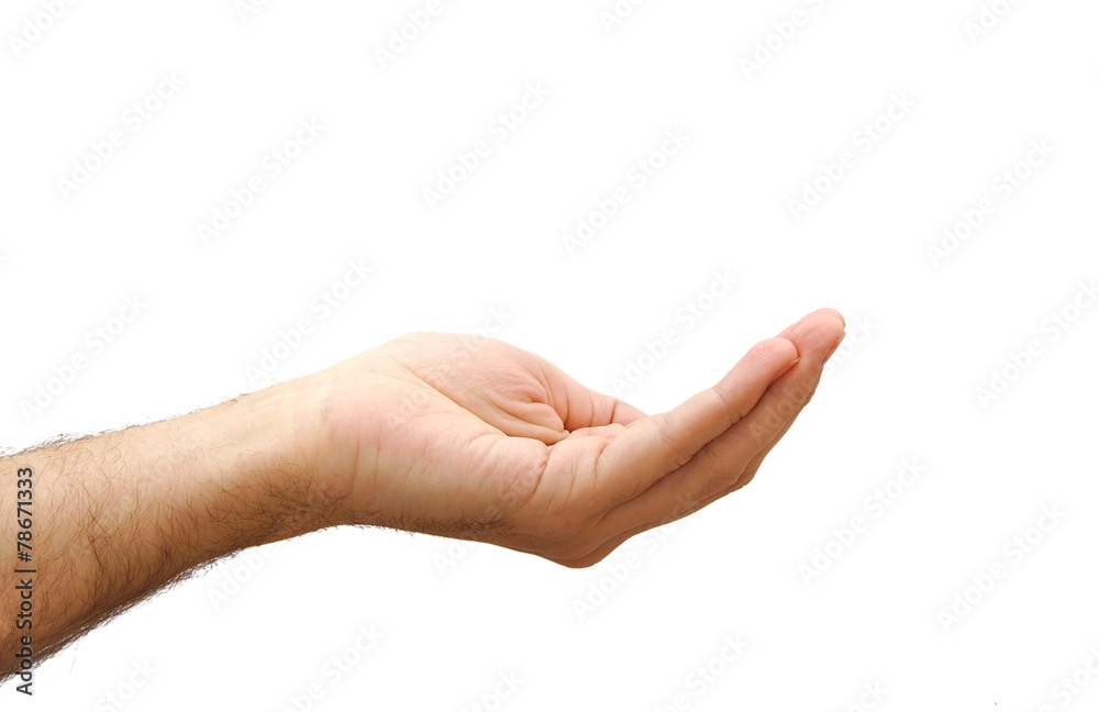 Man hand prepared to hold anything. Gesture isolated on white Man hand prepared to hold anything. Gesture isolated on white