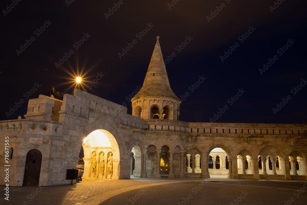 Budapest Fishermans Bastion gallery gate, lighted at night