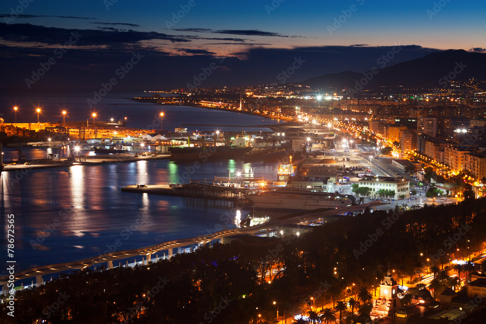  Port of Malaga from castle in  evening