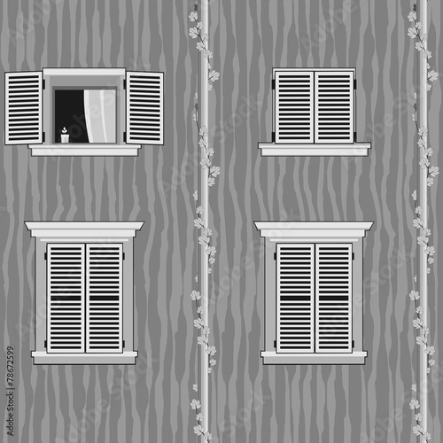 Seamless pattern with italian windows. Black and white version