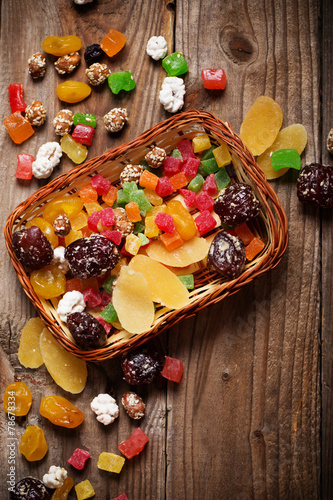 dried fruits mix on wooden background