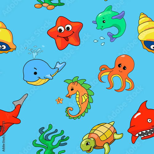 seamless pattern of cartoon sea creatures, vector