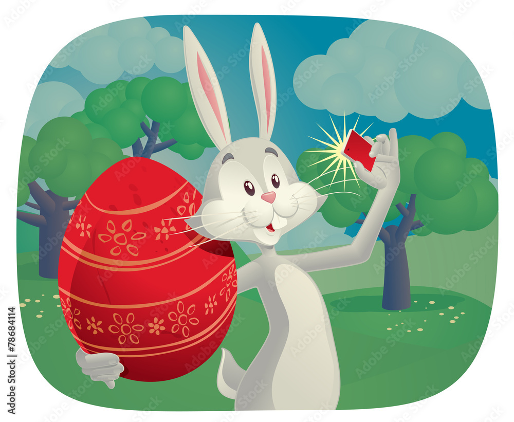 Obraz premium Rabbit Takes Selfie with Easter Egg Vector Cartoon