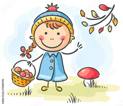 Girl gathering mushrooms in the forest on an autumn day