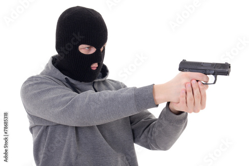 man in black mask shooting with gun isolated on white
