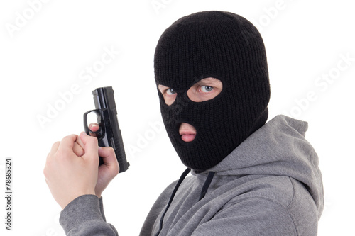 portrait of man in mask aiming with gun isolated on white