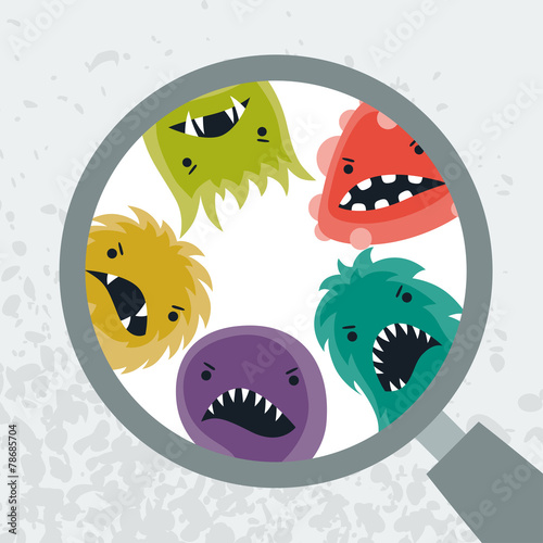 Background with little angry viruses and magnifier.