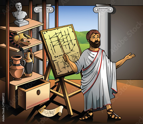 Ancient Greek scientist, represents his invention, vector