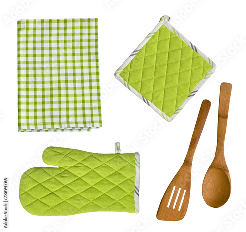 Isolated wooden kitchen utensils, glove, potholder and towel