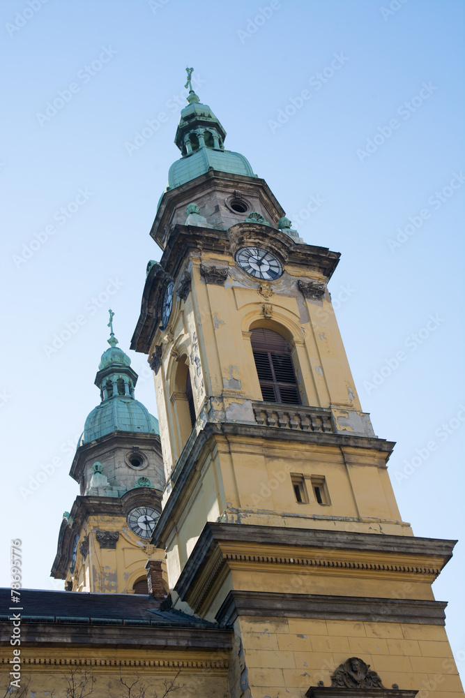 Parish church towers in Budapest City, Hungary