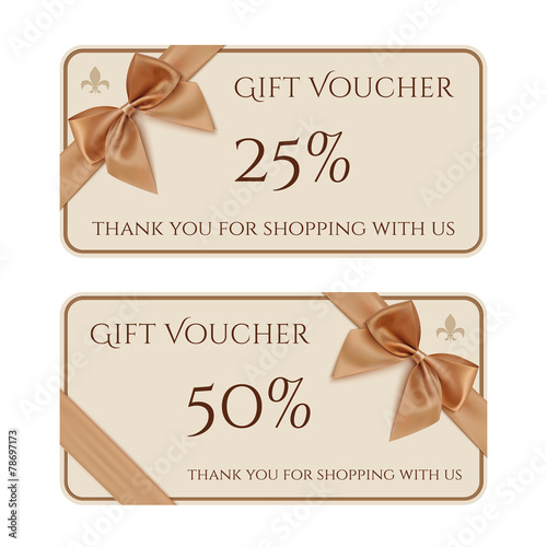 Gift voucher template with golden ribbon and a bow