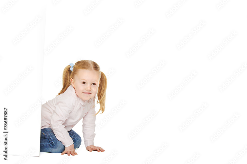 Beautiful little girl with white copy space on a white backgroun Beautiful little girl with white copy space on a white backgroun