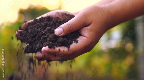 Hands pouring organic soil with sunrise slow motion
