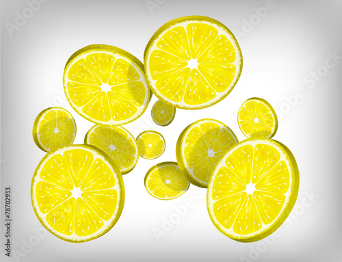 Slices of fresh citric lemon falling and flying