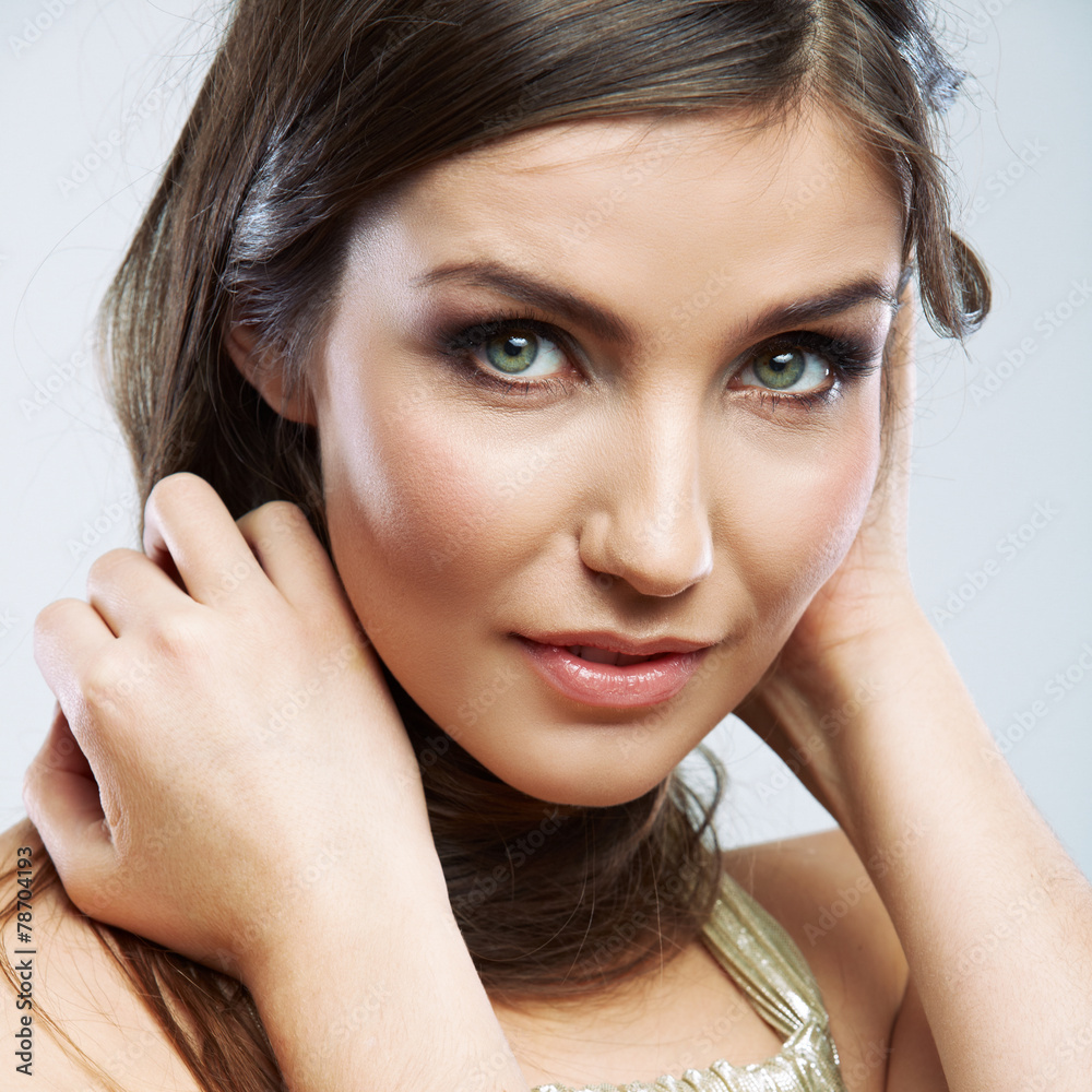 Woman face close up beauty portrait. Female model isolated. Woman face close up beauty portrait. Female model isolated.