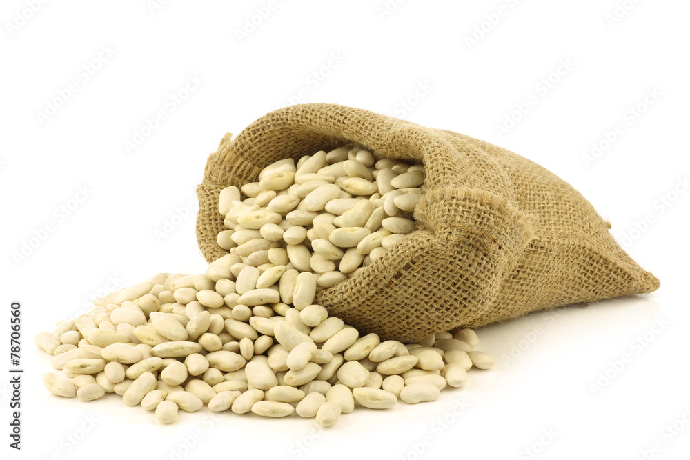 dried white beans in a burlap bag on a white background