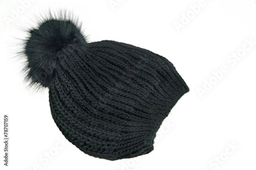 Black Knitted Wool Winter Ski Hat with Pom Pom