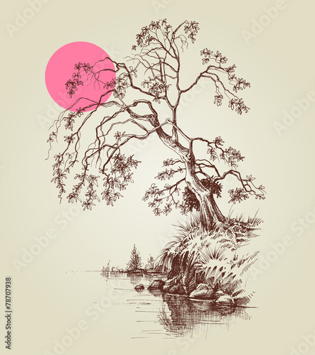A tree by the lake or river and a pink full moon sketch