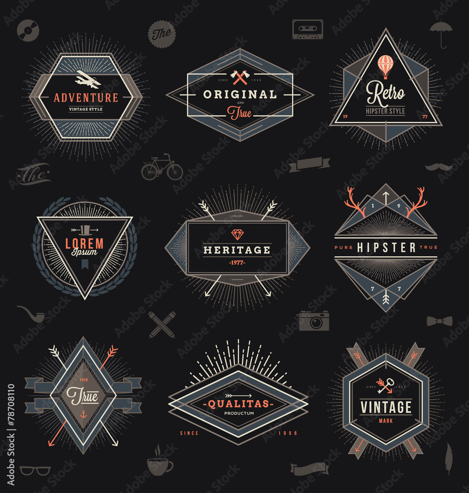 Set of hipster trendy emblems, labels and sign