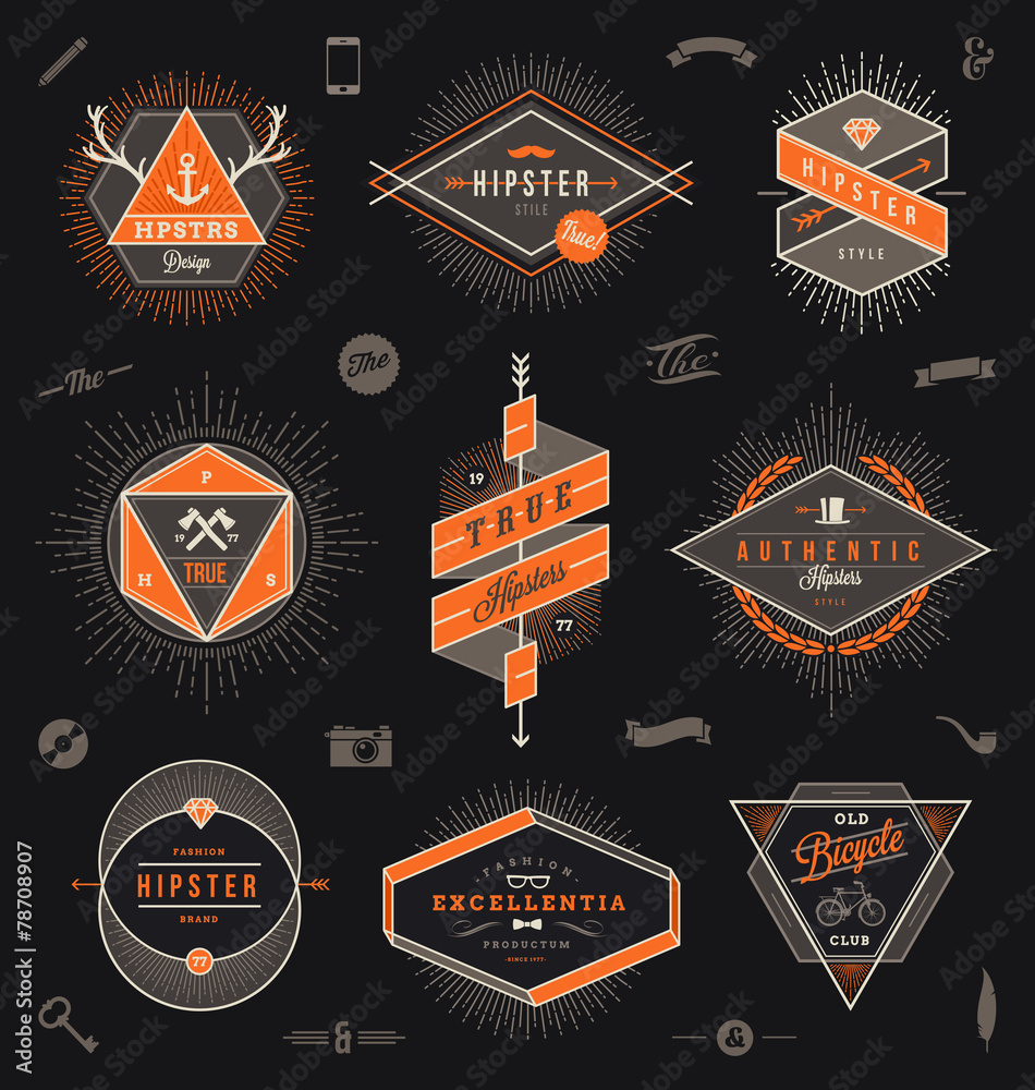 Set of hipster trendy emblems, labels and sign