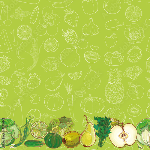 Set of green fruits and vegetables on light green background