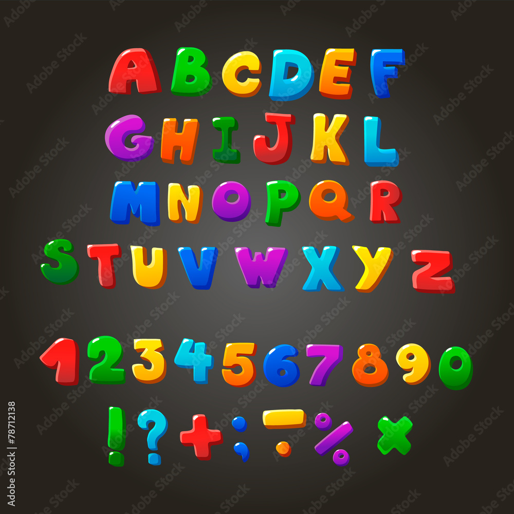 Multicolored kids  Font,  letters, numbers and orthographic