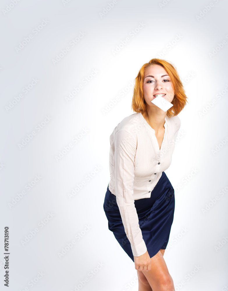 beautiful business woman with white business card beautiful business woman with white business card