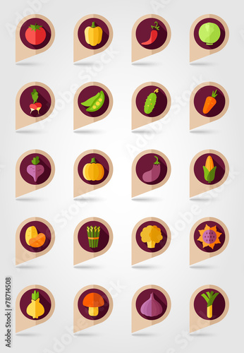 Vegetable mapping pins icons with long shadow