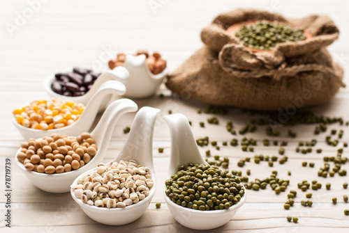 collection set of beans, legumes, peas, lentils on ceramic spoon