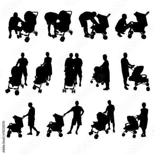 mother and father with baby stroller silhouette