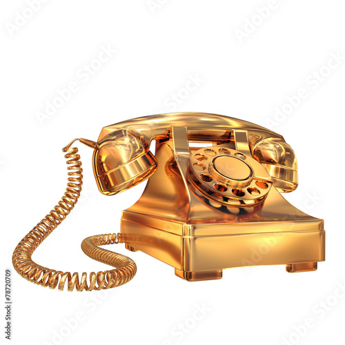 Golden phone on white isolated background.